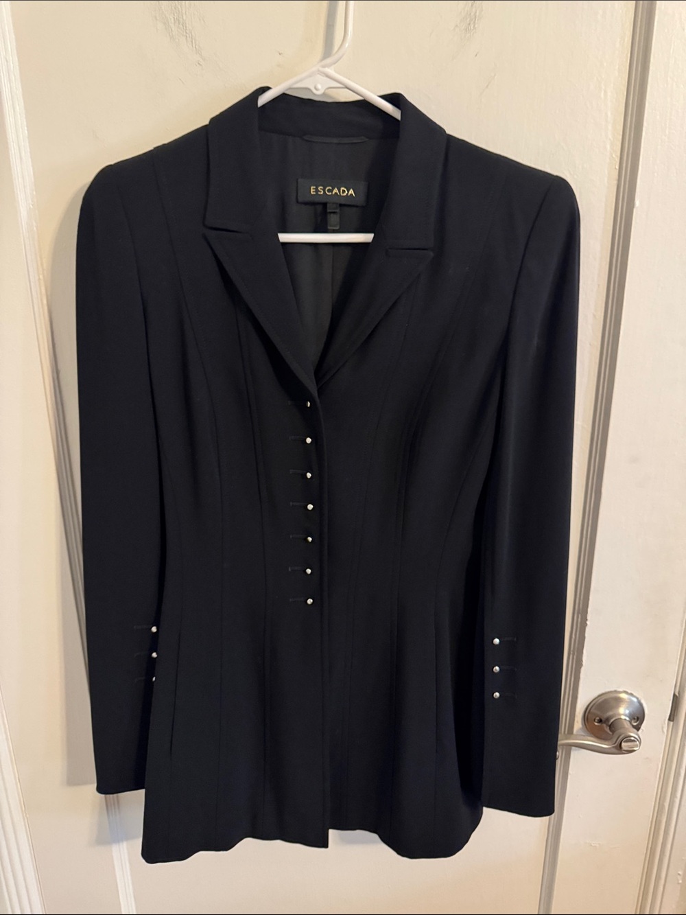 Escada Fitted Wool Lined Black Blazer Jacket Silver Metal Post Buttons 34 US 6